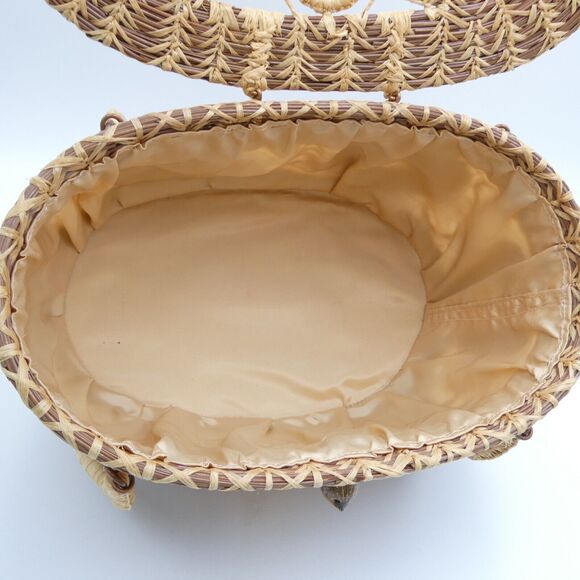 Handmade Woven Pine Straw Basket Purse 10x7 Wood Bottom Retro Boho VTG EUC - Picture 10 of 13